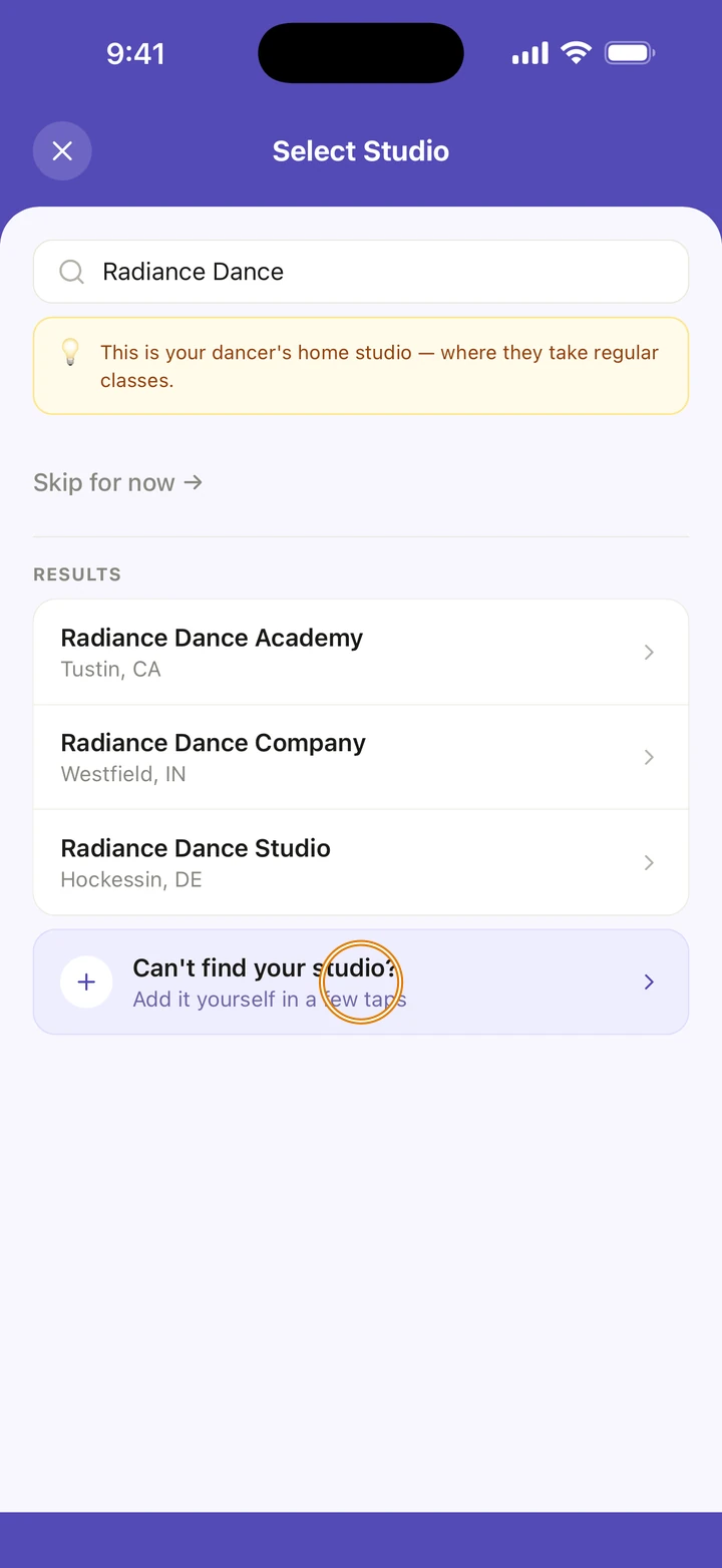 Select Studio with three results for Radiance Dance, and Can't find your studio? circled below them.