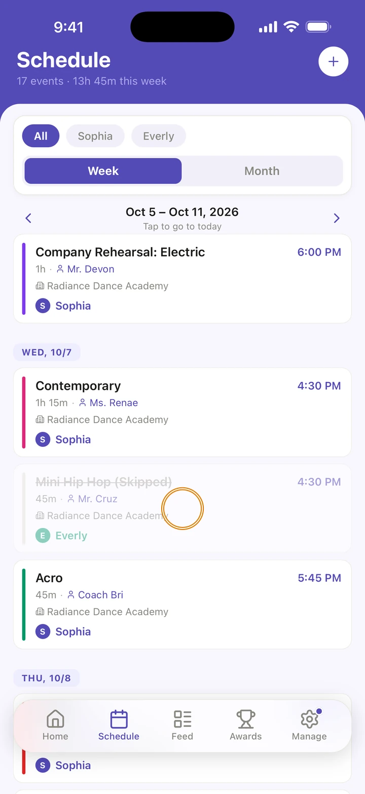 The Schedule tab's week with Wednesday's Mini Hip Hop for Everly, shown as skipped this week, circled.