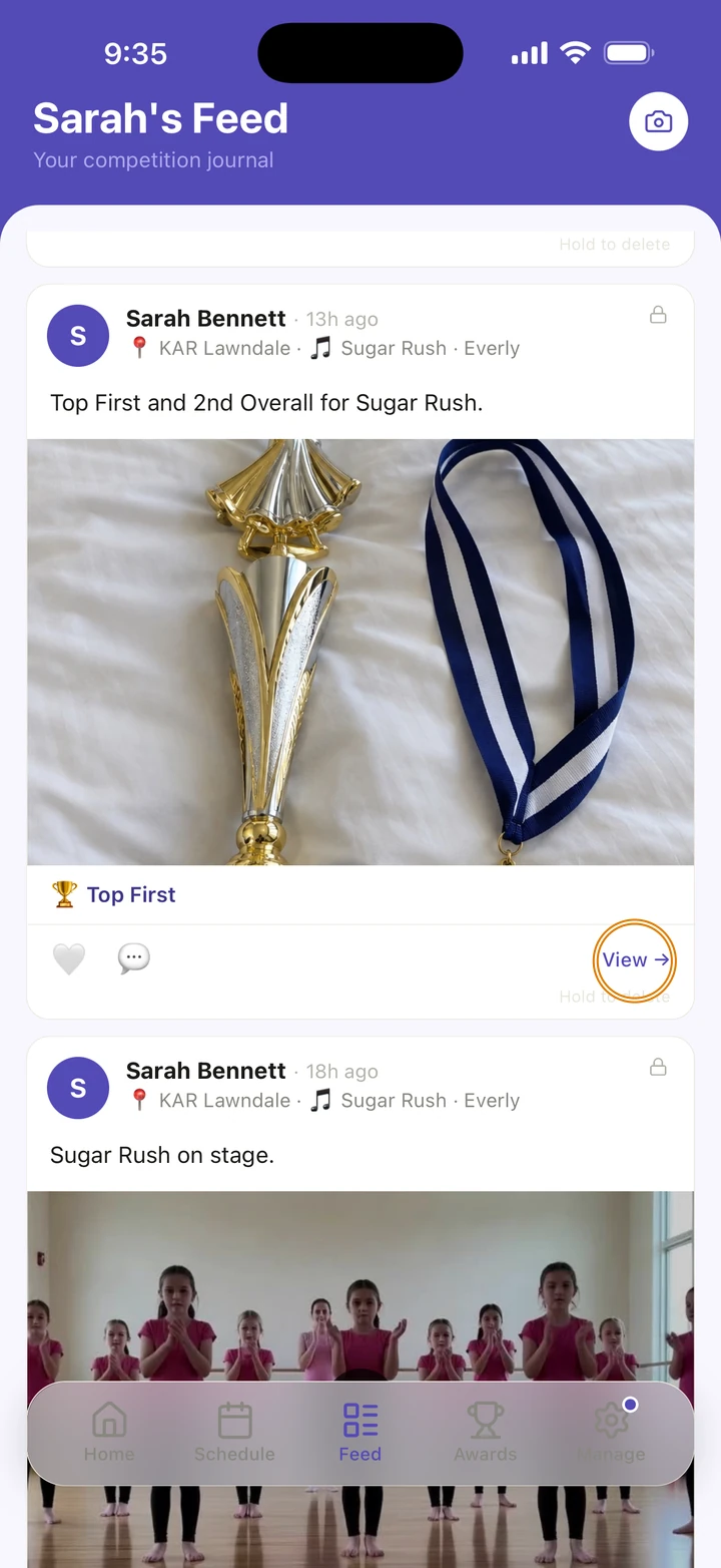Sarah's Feed with the Sugar Rush memory, a photo of a trophy and medal tagged Top First, and View circled.