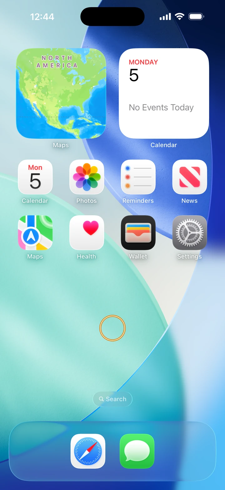 An iPhone Home Screen with the Maps and Calendar widgets and two rows of apps, and the empty area below the apps circled.