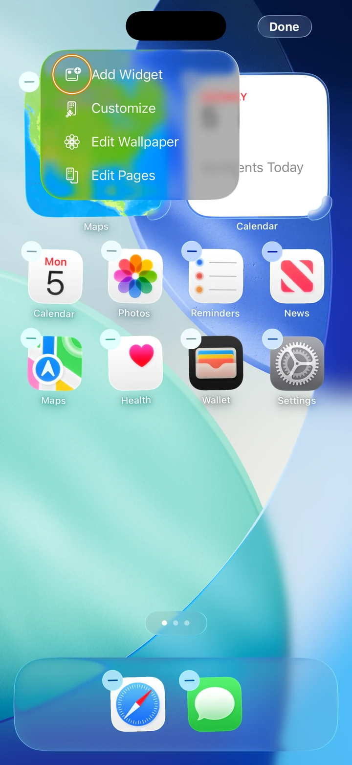 The Home Screen with the apps jiggling and Done at the top right, and the menu Edit opens: Add Widget, circled, Customize, Edit Wallpaper and Edit Pages.