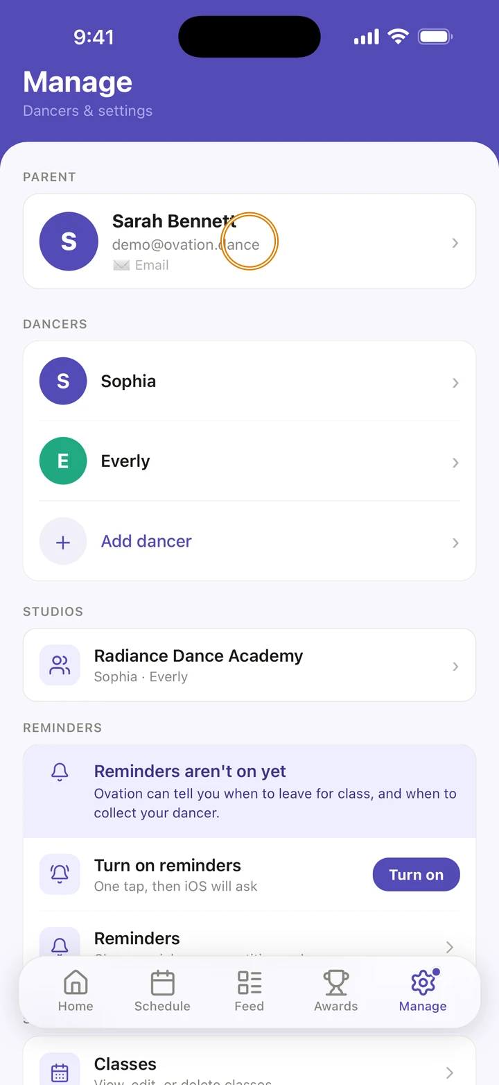 Manage with the parent's name, Sarah Bennett, under PARENT circled.