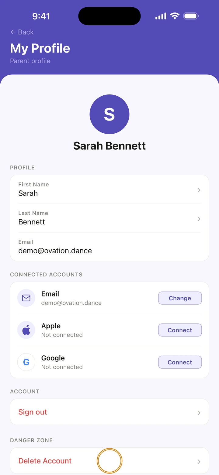 My Profile with Delete Account under DANGER ZONE circled.