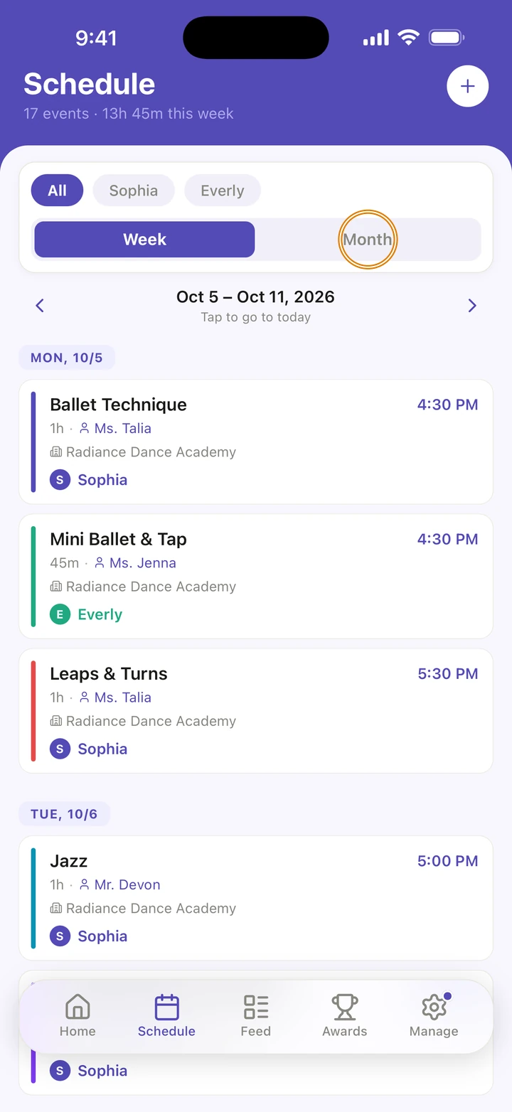 The Schedule tab's week for everyone, with Month circled next to Week.
