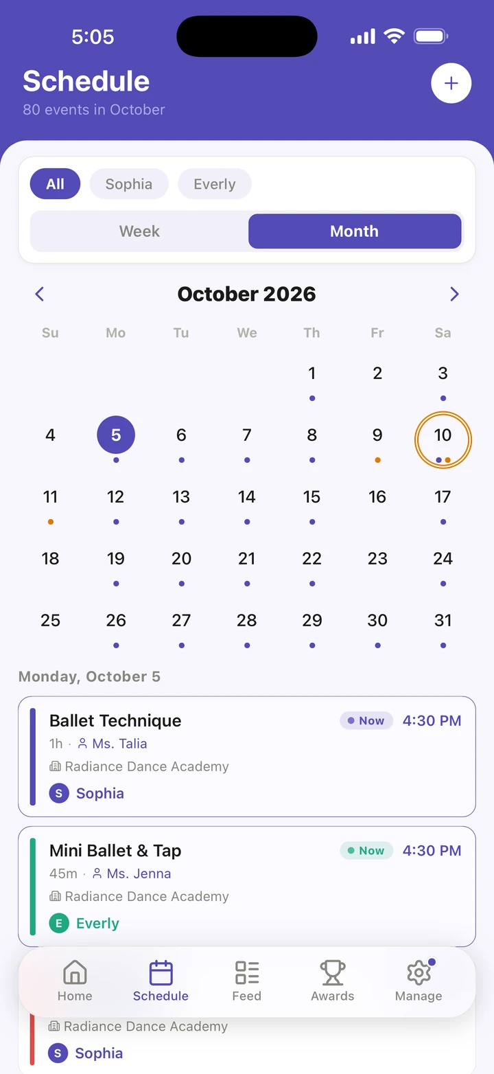 The Schedule tab in Month, October 2026, with dots under the days, the 10th circled, and Monday, October 5's classes below the calendar.