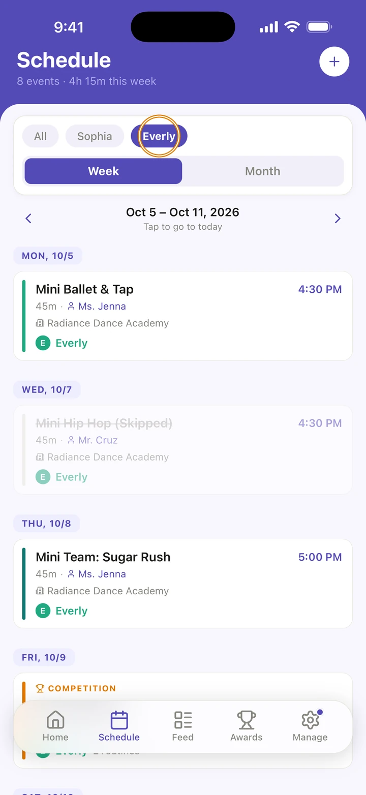 The Schedule tab with Everly circled at the top, showing only her classes this week.