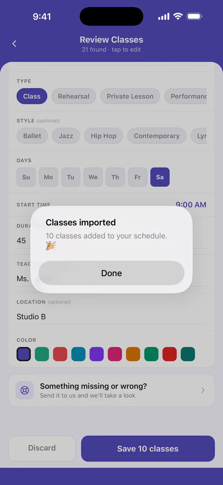 Ovation after importing a class schedule from a photo: Classes imported, 10 classes added to your schedule, over the Review Classes screen.