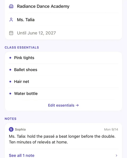 A Ballet Technique class page: its class essentials, pink tights, ballet shoes, hair net and water bottle, and a note from Ms. Talia.