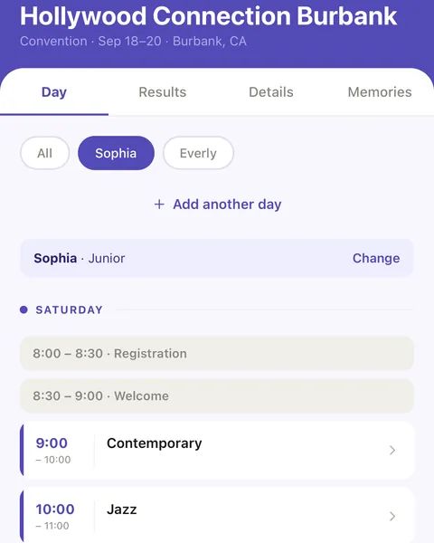 A convention Day tab for Hollywood Connection Burbank: Sophia’s group, Junior, with Change, and Saturday’s registration, welcome and classes in time order.