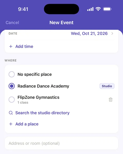 The New Event screen: Wednesday, October 21, at Radiance Dance Academy, with a time to add and who it is for.