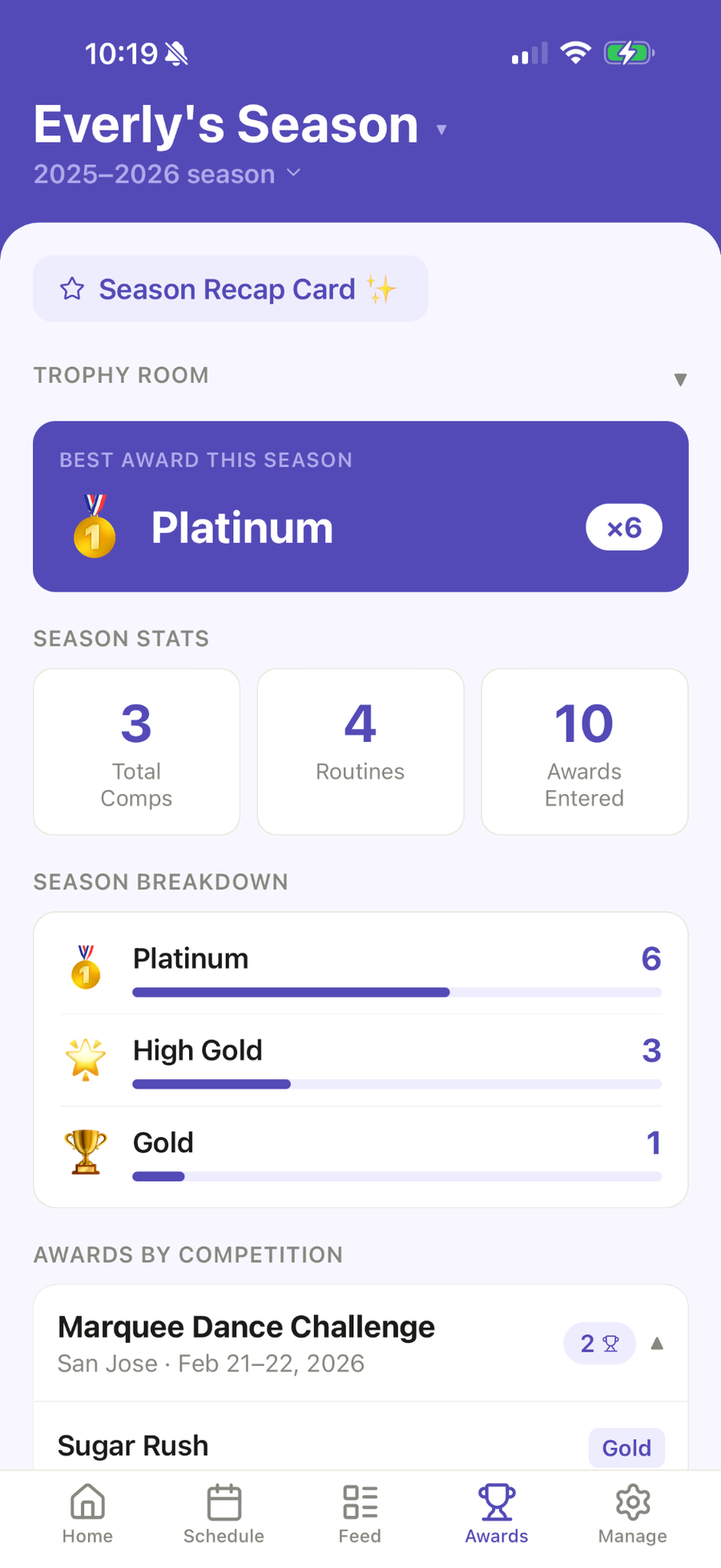Everly's Awards view in Ovation: best award of the season, season stats, and a medal-by-medal breakdown of results grouped by competition.
