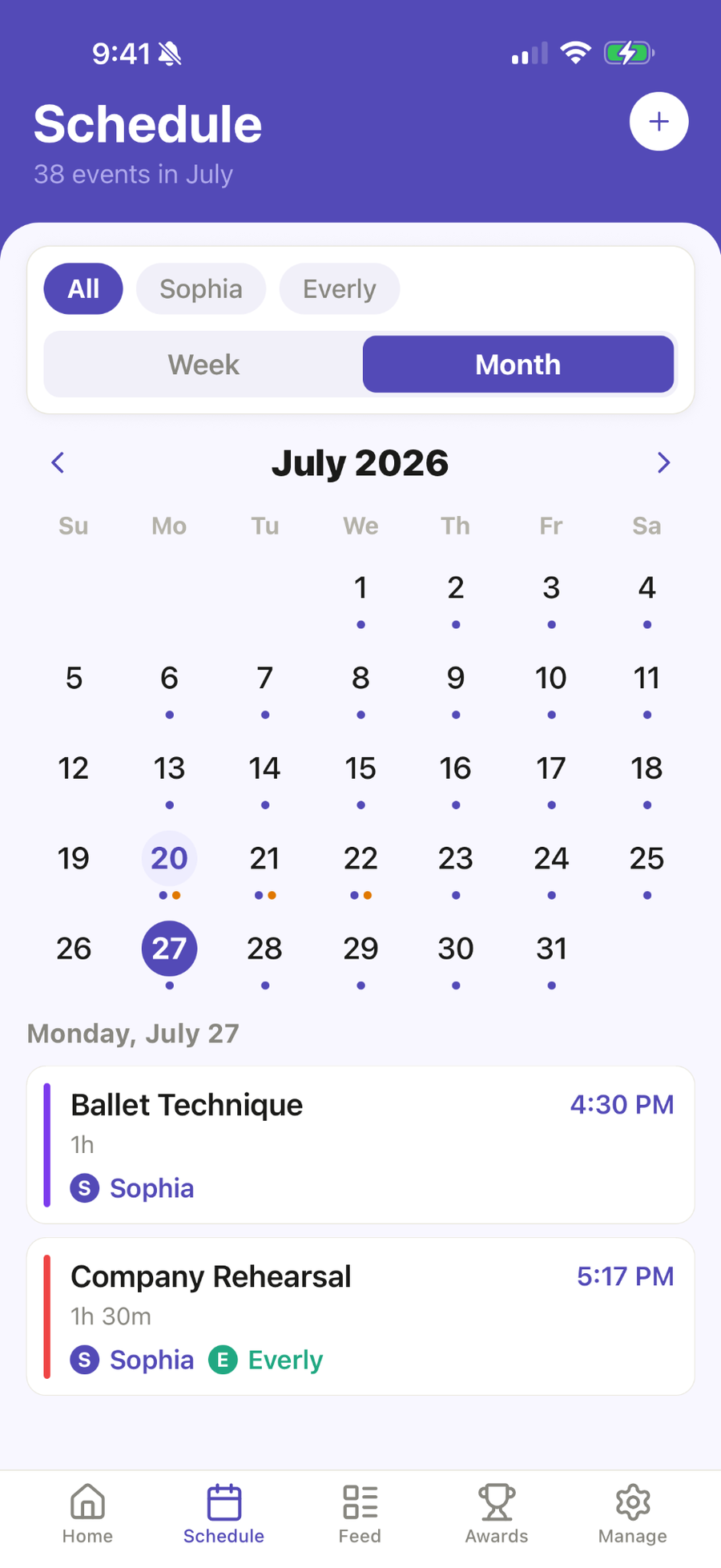 Ovation family calendar showing July with two dancers' classes, rehearsals, and pickup times.