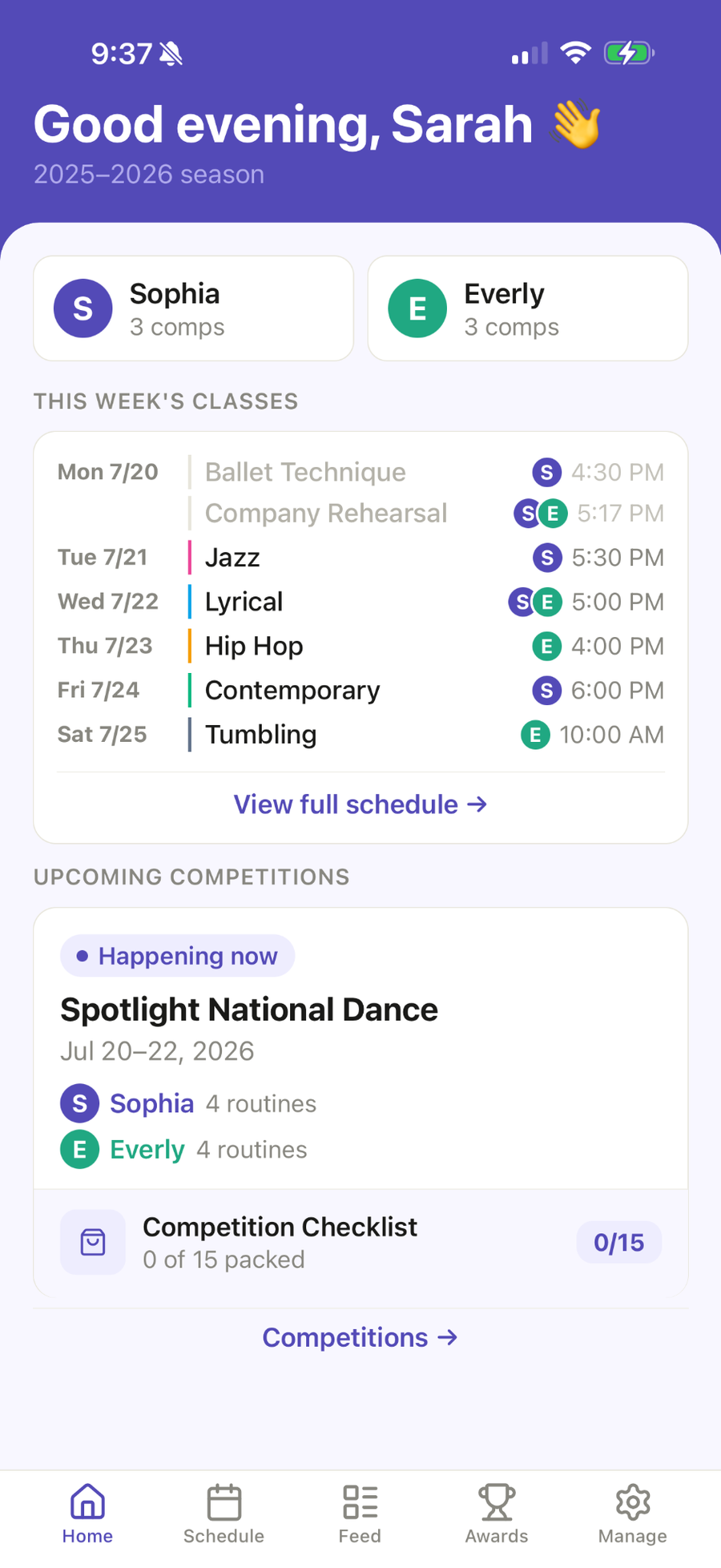 Ovation family dashboard greeting Hello, Sarah, showing two dancers, this week's classes, and an upcoming competition.