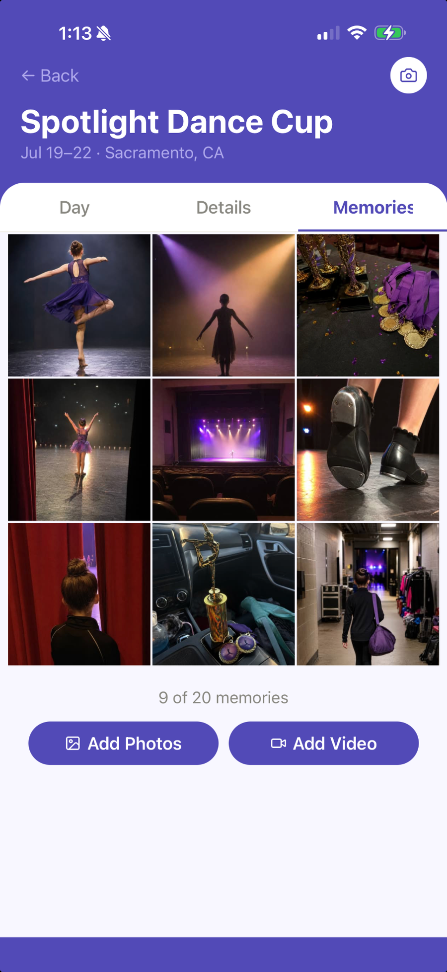 Ovation private memories for Spotlight Dance Cup showing a private grid of performance photos and videos.