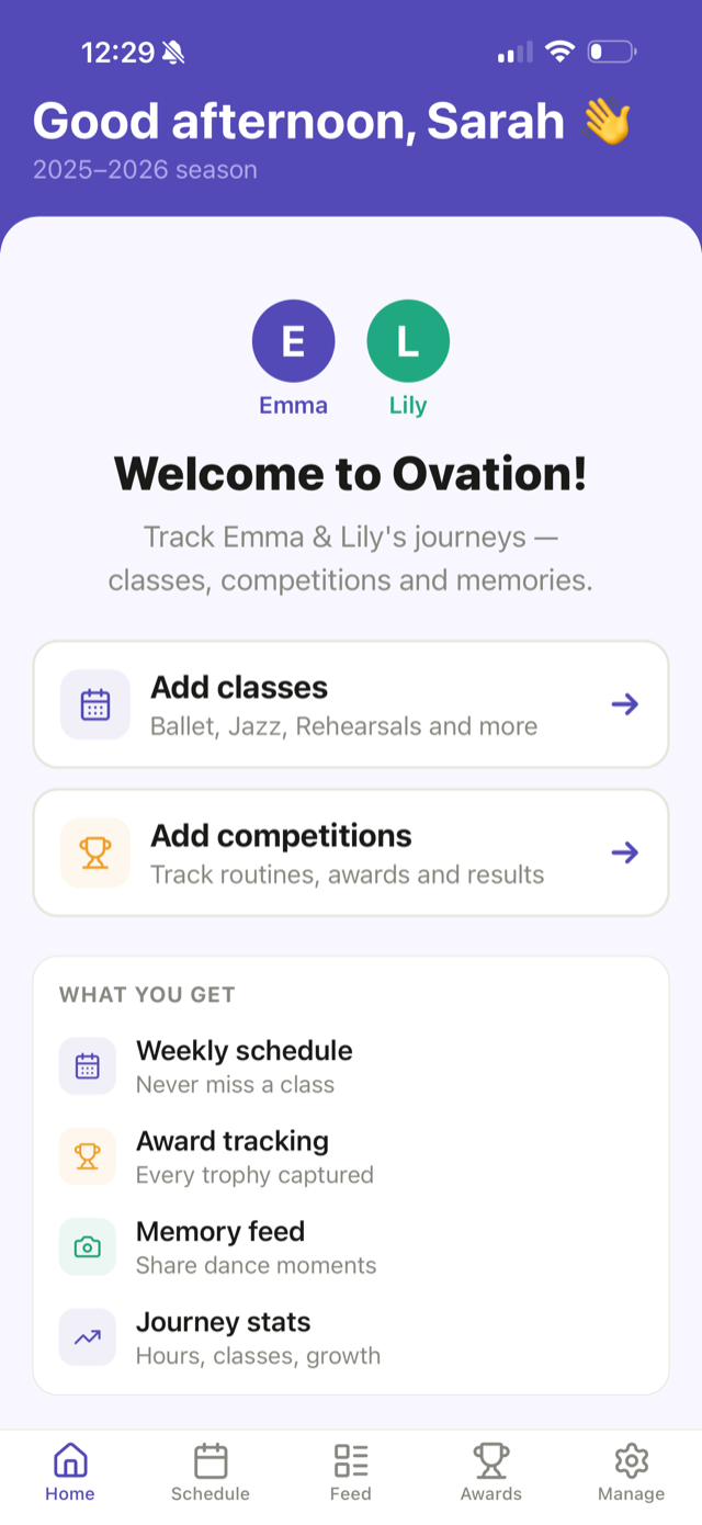Ovation welcome screen: the whole season for every dancer in one place.