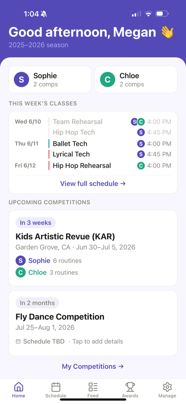 Ovation home: this week's classes and upcoming competitions for every dancer.