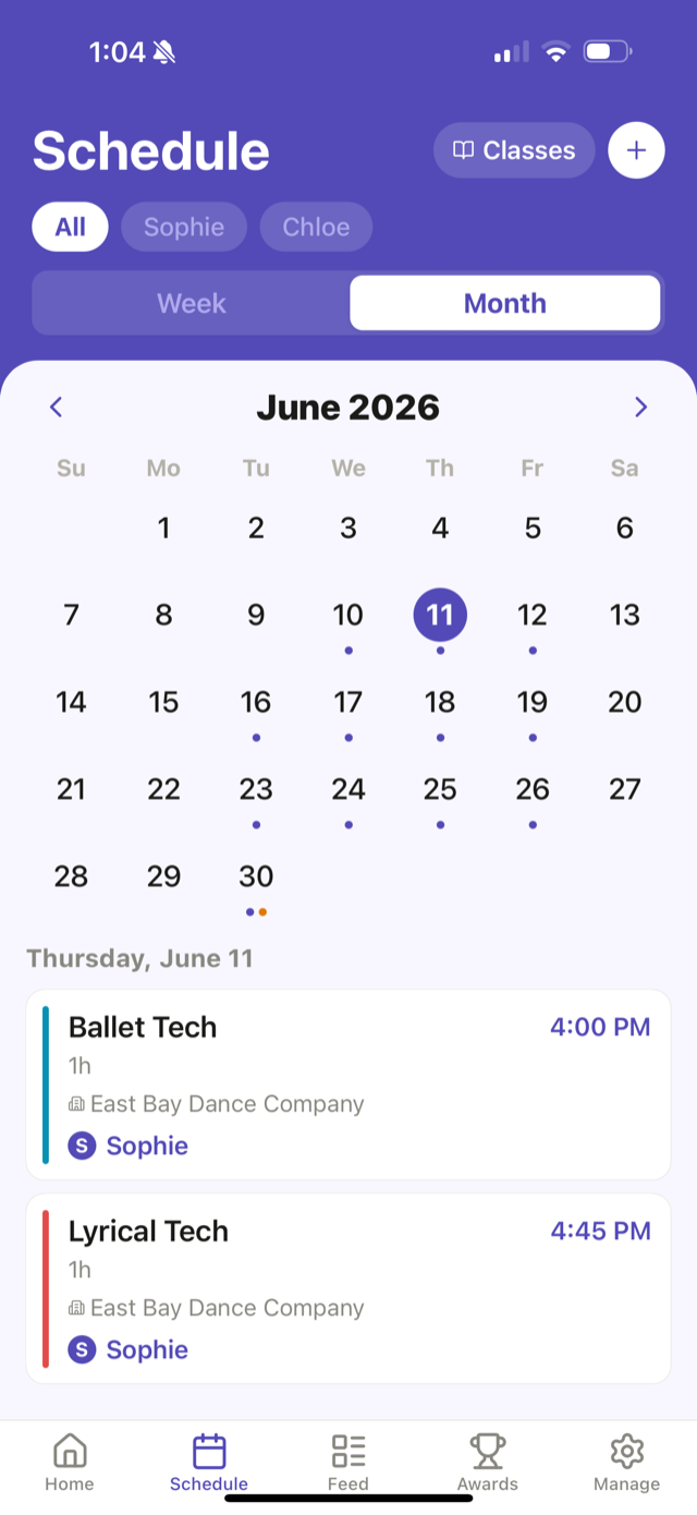 Ovation schedule: a monthly calendar with classes color-coded by dancer.