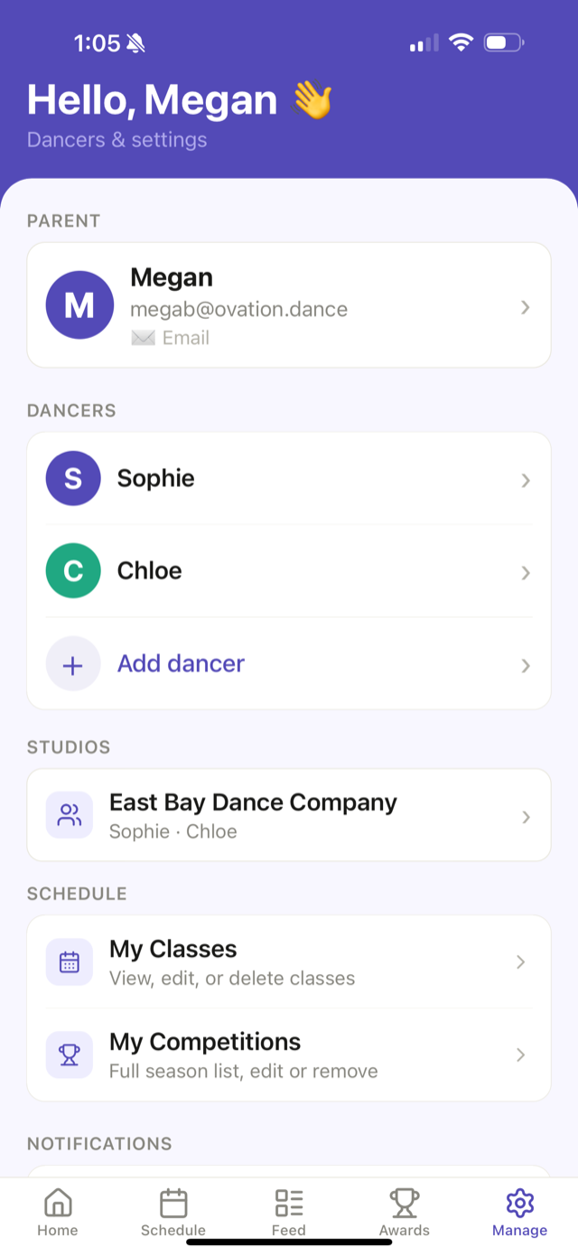 Ovation manage: dancers, studios, classes, and settings in one place.